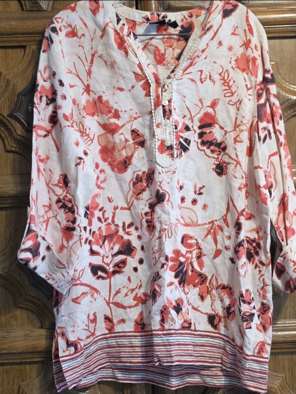 White Floral Tunic Top with Coral and Navy Print